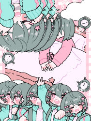 Rule 34 | 1girl, alarm clock, aqua jacket, arm up, backpack, bag, bed, black hair, blush stickers, bow, clock, cloud, collage, commentary request, flower, hair bow, hair flower, hair ornament, hands on own face, jacket, kurari-chan (iyowa), kyu-kurarin (cevio), long sleeves, multiple hair bows, open clothes, open jacket, pajamas, pink background, pink bow, pink eyes, pink flower, pink pajamas, pink shirt, pink theme, plaid, plaid background, pon (kaeponpopopo), sad smile, screaming, shirt, short hair, sitting, sweat, tears, track jacket, translation request, under covers, wiping tears
