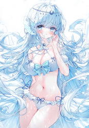 Rule 34 | 1girl, ahoge, bare shoulders, bikini, blue bow, blue eyes, blue hair, blush, bow, breasts, cleavage, closed mouth, collarbone, commentary request, crescent, detached sleeves, frilled bikini, frills, hair between eyes, hair intakes, hand up, highres, long hair, looking at viewer, medium breasts, navel, original, puffy short sleeves, puffy sleeves, short sleeves, solo, swimsuit, tandohark, underwater, very long hair, white background, white bikini, white sleeves