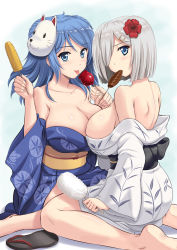 Rule 34 | 10s, 2girls, :p, back, bare back, bare legs, bare shoulders, barefoot, blue eyes, blue hair, blush, breast press, breasts, candy apple, cleavage, collarbone, corn, corn cob, eating, female focus, flower, food, fox mask, hair flower, hair ornament, hair over one eye, hairclip, hamakaze (kancolle), highres, holding, holding food, japanese clothes, kantai collection, kimono, kishi nisen, large breasts, legs, looking at viewer, looking back, mask, multiple girls, neck, off shoulder, sandals, unworn sandals, short hair, shy, sideboob, silver hair, sitting, smile, symmetrical docking, tabi, tongue, tongue out, urakaze (kancolle), wariza