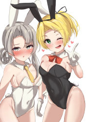 Rule 34 | 1girl, absurdres, animal ears, asymmetrical hair, bare legs, black leotard, blonde hair, blush, bow, bowtie, breasts, bunny day, commentary request, covered navel, detached collar, fake animal ears, flipped hair, gloves, green eyes, grey eyes, grey hair, highres, index finger raised, kantai collection, leotard, looking at viewer, maikaze (kancolle), necktie, nose blush, nowaki (kancolle), one eye closed, parted bangs, playboy bunny, ponytail, rabbit ears, rabbit tail, red bow, red bowtie, sakura ab, scrunchie, short hair, simple background, small breasts, solo, strapless, strapless leotard, swept bangs, tail, white background, white gloves, white leotard, yellow necktie