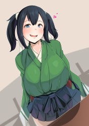 Rule 34 | 1girl, black hair, blue eyes, blue hakama, blush, breasts, fang, green kimono, hair between eyes, hair ribbon, hakama, hakama short skirt, hakama skirt, heart, highres, huge breasts, indoors, japanese clothes, kantai collection, kimono, konoshige (ryuun), large breasts, long sleeves, looking at viewer, medium hair, office, pleated skirt, ribbon, short hair, skirt, smile, solo, souryuu (kancolle), standing, table, twintails, white ribbon, wide sleeves
