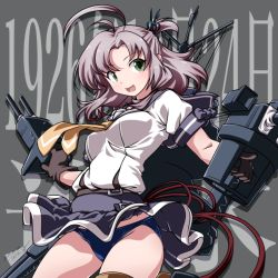 Rule 34 | 1girl, 547th sy, antenna hair, belt, black thighhighs, blue panties, blue skirt, breasts, brown gloves, cannon, cowboy shot, dated, gloves, green eyes, grey background, grey hair, hair tie, highres, kantai collection, kinugasa (kancolle), kinugasa kai ni (kancolle), looking at viewer, machinery, medium breasts, necktie, one side up, open mouth, panties, sailor collar, short sleeves, skirt, smokestack, solo, text background, thighhighs, turret, underwear, yellow necktie