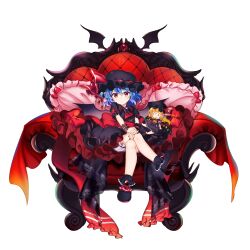 Rule 34 | 1girl, alternate color, bat wings, black footwear, black hat, bloomers, blue hair, closed mouth, crossed legs, doll, flandre scarlet, full body, game cg, hat, hat ribbon, highres, looking at viewer, pillow, red eyes, red nails, red ribbon, remilia scarlet, remilia scarlet (tiny devil mistress), ribbon, rotte (1109), short hair, short sleeves, simple background, sitting, solo, third-party source, throne, touhou, touhou lostword, underwear, white background, wings, wrist cuffs