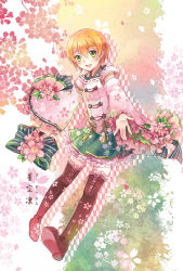 Rule 34 | 10s, 1girl, :d, bad id, bad pixiv id, black footwear, black thighhighs, blonde hair, boots, bow, cherry blossoms, detached sleeves, ekita kuro, flower, frilled boots, frills, full body, green eyes, green skirt, hair between eyes, highres, holding, hoshizora rin, layered skirt, long hair, love live!, love live! school idol festival, love live! school idol project, open mouth, pink flower, short hair, skirt, smile, solo, striped, striped bow, thigh boots, thighhighs