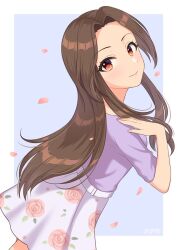 Rule 34 | 1girl, artist name, belt, blue background, blush, border, breasts, brown eyes, brown hair, closed mouth, commentary request, cowboy shot, curtained hair, dutch angle, eyelashes, falling petals, floral print, floral print skirt, forehead, from behind, hand up, idolmaster, idolmaster cinderella girls, komuro chinami, light blush, lipstick, long hair, looking at viewer, looking back, makeup, nail polish, official alternate costume, outside border, petals, pink lips, pink nails, pink petals, purple shirt, purple skirt, rose print, shirt, signature, skirt, smile, solo, standing, straight hair, wgm oekaki, white belt, white border
