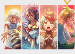 Rule 34 | 4girls, animal, animal on head, antlers, bird, bird on head, black hair, blonde hair, blue shirt, blush, breasts, chick, cleavage, closed mouth, collarbone, cow horns, dragon horns, dragon tail, dress, ebisu eika, fingernails, green tail, grey hair, grin, hand on own cheek, hand on own face, hand up, haori, horns, japanese clothes, kicchou yachie, large breasts, looking at viewer, multicolored hair, multiple girls, niwatari kutaka, on head, open mouth, orange dress, orange eyes, pink lips, puffy short sleeves, puffy sleeves, red eyes, red hair, red horns, scales, sharp fingernails, sharp teeth, shirt, short hair, short sleeves, smile, split-color hair, stone, tail, teeth, touhou, turtle shell, two-tone hair, ukata, ushizaki urumi, white dress, white hair, white shirt, wily beast and weakest creature, yellow horns