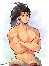 Rule 34 | 1boy, abs, artist name, black hair, brown eyes, brown ribbon, collarbone, commentary request, crossed arms, facial hair, final fantasy, final fantasy xiv, fur trim, hair ribbon, hien rijin, looking at viewer, male focus, muscular, navel, nipples, pectorals, ponytail, ribbon, scar, smile, solo, stomach, topless male, torakichi (ebitendon), v-shaped eyebrows