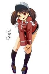 Rule 34 | 10s, 1girl, 2015, blush, brown hair, dated, hand on own knee, hat, highres, kantai collection, long hair, looking at viewer, magatama, momo (higanbana and girl), open mouth, red eyes, ryuujou (kancolle), simple background, skirt, solo, twintails, visor cap, white background