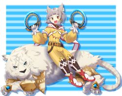 Rule 34 | 1girl, :d, animal ears, armored boots, blue background, blunt bangs, boots, border, brown hair, cat ears, cat girl, chakram, dlllll lllllb, dromarch (xenoblade), full body, gloves, highres, holding, holding weapon, jumpsuit, long sleeves, nia (xenoblade), open mouth, short hair, smile, solo, tiger, weapon, white border, white gloves, xenoblade chronicles (series), xenoblade chronicles 2, yellow eyes, yellow jumpsuit