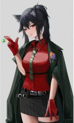 Rule 34 | 1girl, animal ear fluff, animal ears, arknights, belt, between fingers, black belt, black hair, black jacket, black skirt, breasts, buttons, candy, collared shirt, earrings, food, gloves, green necktie, hair between eyes, hand up, holding, holding candy, holding food, holding lollipop, jacket, jacket on shoulders, jewelry, lollipop, long hair, looking at viewer, necktie, parted lips, pencil skirt, pigeon (wejil), ponytail, red eyes, red gloves, shirt, short sleeves, sidelocks, single thighhigh, skirt, solo, texas (arknights), texas (willpower) (arknights), thighhighs, wolf ears, wolf girl