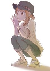 Rule 34 | 10s, 1girl, alternate hairstyle, baseball cap, black hat, blue pants, boko (girls und panzer), bracelet, capri pants, casual, closed mouth, commentary, cross-laced footwear, denim, english commentary, full body, girls und panzer, goripan, hair up, hat, highres, jeans, jewelry, nike (company), nishizumi miho, own hands together, pants, pants rolled up, shadow (persona), shirt, shoes, short hair, short ponytail, short sleeves, simple background, sneakers, solo, squatting, t-shirt, white background, white footwear, white shirt