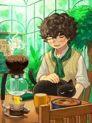 Rule 34 | 1boy, animal, animal on lap, ascot, black hair, blush, boiling, bowl, cat, chair, chalkboard, coffee maker, cup, closed eyes, fire, fire, glasses, green ascot, greenhouse, highres, male focus, mug, nature, on lap, original, plant, semi-rimless eyewear, short hair, smile, solo, steam, sumika inagaki, sweater vest, table, vacuum coffee maker, wavy hair