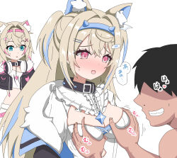 Rule 34 | 1boy, 2girls, animal ear fluff, animal ears, black collar, black jacket, blonde hair, blue eyes, blue hair, breasts, closed mouth, collar, cropped jacket, cropped shirt, dog ears, dog girl, dress, faceless, faceless male, fang, fur-trimmed jacket, fur trim, fuwawa abyssgard, fuwawa abyssgard (1st costume), grabbing, grabbing another&#039;s breast, hair ornament, hairpin, headphones, headphones around neck, highres, hololive, hololive english, jacket, kohau1410, large breasts, mococo abyssgard, mococo abyssgard (1st costume), multicolored hair, multiple girls, open mouth, pink eyes, pink hair, shirt, short shorts, shorts, siblings, sisters, skin fang, small breasts, spiked collar, spikes, streaked hair, twins, virtual youtuber, white dress, white shirt, white shorts, x hair ornament