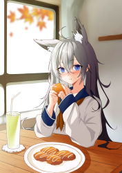 Rule 34 | 1girl, absurdres, ahoge, animal ear fluff, animal ears, ascot, autumn leaves, blue eyes, blurry, blurry background, blush, chewing, chinese commentary, closed mouth, collarbone, croquette, crossed bangs, cup, drinking glass, drinking straw, eating, extra ears, eyelashes, food, forehead, fox ears, fox girl, grey hair, hair between eyes, highres, holding, holding food, indoors, leaf, long hair, long sleeves, looking at viewer, maple leaf, original, paheide guang, plate, school uniform, serafuku, shadow, solo, split mouth, table, uniform, upper body, white sleeves, wooden table