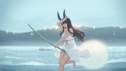 Rule 34 | 1girl, absurdres, animal ears, arm up, bare arms, bare legs, bare shoulders, barefoot, black hair, boat, breasts, cleavage, dandelion, dress, feet out of frame, floating hair, flower, flying, highres, holding, holding flower, large breasts, long hair, looking at viewer, ocean, original, outdoors, outstretched arm, oversized flower, rabbit ears, rain, sash, scenery, sideboob, sleeveless, sleeveless dress, solo, spaghetti strap, sundress, water, watercraft, waves, white dress, wind, yao ren gui