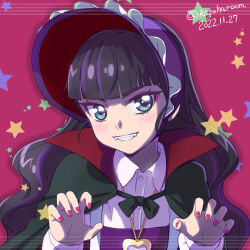 Rule 34 | 1girl, black hair, blue eyes, blunt bangs, bonnet, cape, commentary request, delicious party precure, eyeshadow, fangs, grin, haruyama kazunori, hat, highres, jewelry, kasai amane, long hair, makeup, multicolored hair, nail polish, necklace, pink nails, precure, purple hair, smile, solo, streaked hair, teeth