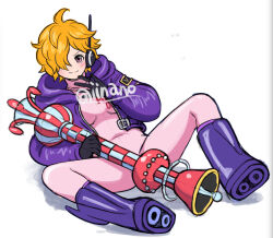Rule 34 | 1girl, adjusting clothes, blush, bodysuit, breasts, brown hair, cameltoe, covered navel, eyelashes, full body, gloves, hair over one eye, holding, holding weapon, iinano (inanosuke), jacket, legs apart, looking at viewer, one piece, open mouth, pink bodysuit, purple eyes, shiny clothes, short hair, smile, solo, standing, thick thighs, thighs, vegapunk lilith, weapon, wide hips