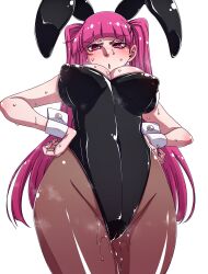 Rule 34 | 1girl, 2023, :o, animal ears, bare shoulders, bleach, blunt bangs, blush, braid, breasts, chinese zodiac, cleavage, cowboy shot, cuffs, curvy, detached collar, dokugamine riruka, embarrassed, fake animal ears, fingernails, hands on own hips, hanya (hanya yashiki), highleg, highleg leotard, highres, large breasts, leotard, long hair, looking at viewer, nipples, open mouth, pantyhose, pink eyes, pink hair, playboy bunny, rabbit ears, shiny clothes, shiny skin, simple background, solo, standing, sweat, sweatdrop, thighs, tsundere, twintails, upper body, very long hair, white background, wide hips, wrist cuffs, year of the rabbit
