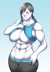 Rule 34 | 1girl, abs, black hair, breasts, clothes lift, colored skin, female focus, grey eyes, grey hair, highres, huge breasts, large breasts, long hair, looking at viewer, muscular, muscular female, natedecock, navel, nintendo, pale skin, pants, ponytail, shirt, shirt lift, smile, solo, stomach, super smash bros., sweat, tank top, toned, underboob, white skin, wii fit, wii fit trainer, wii fit trainer (female), yoga pants