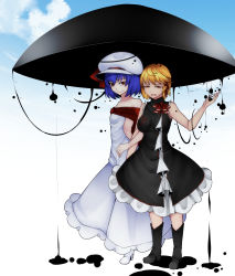 Rule 34 | 2girls, adapted costume, aoshima, bare arms, bare shoulders, black dress, black footwear, blonde hair, blue hair, blue sky, boots, breasts, closed mouth, cloud, collarbone, commentary request, day, dress, full body, gradient background, hand up, hat, hat ribbon, high heel boots, high heels, highres, long dress, looking at viewer, medium breasts, multiple girls, off-shoulder dress, off shoulder, open mouth, petticoat, red eyes, red ribbon, remilia scarlet, ribbon, rumia, short hair, simple background, sky, sleeveless, sleeveless dress, small breasts, smile, standing, touhou, white background, white dress, white footwear, white hat