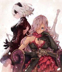 Rule 34 | 1girl, 2girls, :d, arm at side, armor, armored dress, artist name, ass, back cutout, backless dress, backless outfit, black dress, black gloves, black hairband, black thighhighs, blindfold, blue eyes, breasts, broadsword, chain, chair, cinderella (sinoalice), cleavage, clothing cutout, collarbone, commentary request, covered eyes, cowboy shot, creator connection, crossover, dark-skinned female, dark skin, detached collar, dress, elbow gloves, eyelashes, finger on trigger, frills, from behind, from side, gloves, greatsword, grin, gun, hair over one eye, hairband, head rest, high heels, highres, holding, holding gun, holding weapon, hoshizaki reita, huge weapon, juliet sleeves, katana, large breasts, lips, long hair, long sleeves, looking at viewer, medium breasts, mole, mole under mouth, multicolored clothes, multicolored gloves, multiple girls, navel, nier:automata, nier (series), open mouth, parted lips, patterned clothing, petals, pink lips, puffy sleeves, shiny skin, short dress, short eyebrows, short hair, side slit, sinoalice, sitting, skindentation, skirt, smile, smirk, standing, sword, tassel, teeth, thighhighs, thighs, turtleneck, vambraces, weapon, white gloves, white hair, 2b (nier:automata)