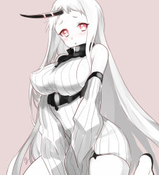 Rule 34 | 10s, 1girl, abyssal ship, bare shoulders, blush, breasts, detached sleeves, dress, female focus, horns, kantai collection, large breasts, long hair, looking at viewer, mirakururu, monochrome, open mouth, pale skin, red eyes, seaport princess, sideboob, signature, simple background, single horn, solo, spot color, v arms, very long hair, white hair