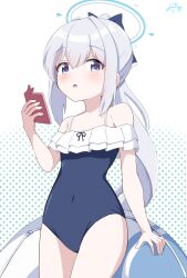 Rule 34 | 1girl, black one-piece swimsuit, blue archive, blue halo, blush, cellphone, collarbone, covered navel, cowboy shot, flat chest, frilled one-piece swimsuit, frills, grey hair, hair between eyes, halo, highres, holding, holding phone, inakami, long hair, miyako (blue archive), miyako (swimsuit) (blue archive), official alternate costume, one-piece swimsuit, open mouth, phone, ponytail, purple eyes, smartphone, solo, swimsuit