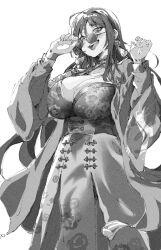 Rule 34 | 1girl, :d, blush, breasts, china dress, chinese clothes, chinese knot, cleavage, coat, dress, earrings, floral print, goddess of victory: nikke, greyscale, highres, hii (motorholic), jewelry, large breasts, long hair, long sleeves, looking at viewer, looking over eyewear, monochrome, moran (nikke), open mouth, smile, solo, sunglasses, tassel, tassel earrings