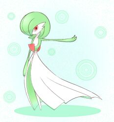 Rule 34 | 1girl, ame (metorui), arm at side, arm up, azpainter (medium), blue background, bob cut, colored skin, creatures (company), female focus, full body, game freak, gardevoir, gen 3 pokemon, green hair, green skin, hair over one eye, jaggy lines, looking at viewer, multicolored skin, nintendo, one eye covered, outstretched arm, pokemon, pokemon (creature), red eyes, short hair, solo, standing, two-tone skin, white skin