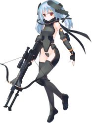 Rule 34 | 1girl, aquaplus, blue hair, bodysuit, bou (inubou), bow (weapon), crossbow, dungeon travelers 2, expressionless, flat chest, full body, highres, official art, red eyes, scope, solo, transparent background, tsurara (dungeon travelers 2), weapon