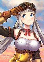 Rule 34 | 1girl, blue eyes, blush, breasts, brittany shrewsbury, brown gloves, cleavage, closed mouth, gloves, goggles, goggles on head, large breasts, long hair, looking at viewer, shincha (29kyu), silver hair, smile, solo, twintails, wild arms, wild arms: million memories