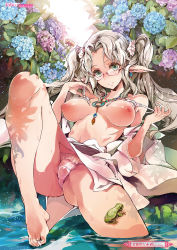 Rule 34 | 1girl, ass, barefoot, bra, breasts, breasts apart, cleavage, comic exe, earrings, endou okito, feet, flower, frog, glasses, green eyes, highres, japanese clothes, jewelry, kimono, long hair, looking at viewer, navel, necklace, nipples, open clothes, open kimono, panties, parted lips, pointy ears, silver hair, solo, toes, topless, twintails, underwear, undressing, water