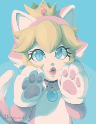 Rule 34 | 1girl, animal costume, animal ears, animal hands, artist name, belt collar, blonde hair, blue background, blue eyes, cat costume, cat ears, cat tail, collar, crown, earrings, eyelashes, gloves, hands up, jewelry, lips, looking at viewer, mario (series), nintendo, parted lips, paw gloves, pink collar, pink lips, princess peach, puckered lips, simple background, smile, solo, stardust-dreamii, super mario 3d world, tail, thick lips, white gloves