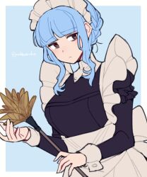 Rule 34 | 1girl, alternate costume, apron, bags under eyes, black dress, blue background, blue hair, border, braid, brown eyes, closed mouth, commentary, crown braid, do m kaeru, dress, duster, enmaided, feather duster, female focus, fire emblem, fire emblem: three houses, frills, holding, long sleeves, looking at viewer, maid, maid headdress, marianne von edmund, nintendo, outside border, short hair, sidelocks, simple background, solo, twitter username, waist apron, white apron, white border