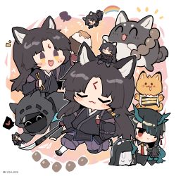 Rule 34 | 1boy, 2girls, animal, animal ears, animalization, arknights, arm up, armor, beads, belt buckle, bitey (arknights), black hair, blue horns, blush stickers, bowl, buckle, cat, ceobe (arknights), chibi, chopsticks, closed eyes, closed mouth, commentary request, doctor (arknights), dog ears, dog girl, dog tail, dragon girl, dragon horns, drooling, dusk (arknights), figure, fingerless gloves, geta, gloves, hair over one eye, heart, highres, holding, holding chopsticks, holding weapon, hood, hood down, horns, japanese clothes, kimono, kyou 039, long hair, long sleeves, multiple girls, multiple views, naginata, necktie, notice lines, open mouth, phone, pointy ears, polearm, prayer beads, praying, rainbow, red eyes, red necktie, rice, rice bowl, saga (arknights), saliva, speech bubble, star (symbol), sweatdrop, tabi, tail, teeth, uwu, weapon, white background, wrist guards, yellow eyes
