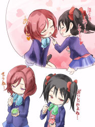 Rule 34 | 10s, 2girls, :d, black hair, black legwear, blazer, blue bow, blue bowtie, blush, bow, bowtie, closed eyes, eating, feeding, green bow, green bowtie, hair bow, half-closed eyes, heart, imagining, jacket, long sleeves, love live!, love live! school idol project, multiple girls, nishikino maki, open mouth, red bow, red eyes, red hair, school uniform, simple background, sitting, skirt, smile, socks, spoon, thought bubble, translated, twintails, utensil in mouth, white background, yazawa nico, yohane, yuri