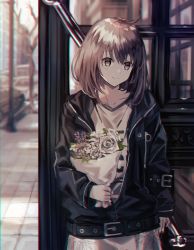 Rule 34 | 1girl, against door, ahoge, arm at side, bare tree, belt, belt buckle, black jacket, blurry, blurry background, bouquet, brown eyes, brown hair, buckle, car, city, closed eyes, clothes writing, cowboy shot, day, depth of field, door, floral print, flower, highres, holding, holding bouquet, jacket, long sleeves, looking at viewer, medium hair, motor vehicle, motto (night wear), open clothes, open jacket, original, outdoors, print skirt, rose, shirt, skirt, smile, solo, tree, white flower, white rose, white shirt, white skirt