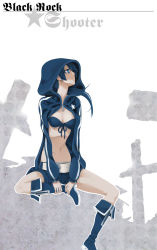 Rule 34 | 10s, 1girl, arasdel, arm support, belt, bikini, bikini top only, black rock shooter, black rock shooter (character), blue eyes, boots, breasts, cross, female focus, highres, hood, hoodie, knee boots, long hair, navel, partially colored, scar, shorts, sitting, solo, star (symbol), swimsuit