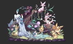 Rule 34 | branch, commentary request, creatures (company), eevee, espeon, evolutionary line, flareon, flower, game freak, gen 1 pokemon, gen 2 pokemon, gen 4 pokemon, gen 6 pokemon, glaceon, grass, grey background, highres, ice, jolteon, lanjiujiu, leafeon, looking down, mushroom, nintendo, no humans, open mouth, pokemon, pokemon (creature), smile, stone, sylveon, umbreon, vaporeon, water, white flower
