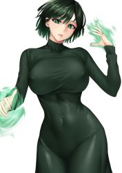 Rule 34 | 1girl, breasts, commentary, covered erect nipples, cowboy shot, dress, fubuki (one-punch man), glowing, glowing hands, green dress, green eyes, green hair, highres, impossible clothes, karakari, large breasts, lips, long sleeves, looking at viewer, one-punch man, open mouth, short hair, simple background, smile, solo, taut clothes, taut dress, white background