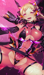 Rule 34 | 10s, 1girl, alternate breast size, alternate costume, alternate eye color, barcode, bare shoulders, belt, belt collar, blush, bodysuit, bow, breasts, brown hair, collar, commentary request, corruption, covered erect nipples, covered navel, elbow gloves, gauntlets, gloves, glowing, gluteal fold, hair bow, headgear, huge breasts, ignite module, open mouth, pink bodysuit, pink eyes, pubic tattoo, saliva, satou kuuki, see-through, senki zesshou symphogear, shiny clothes, shiny skin, short hair, skin tight, smile, solo, spread legs, tachibana hibiki (symphogear), tattoo