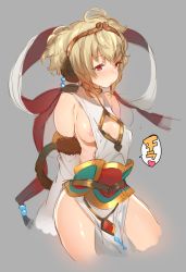 Rule 34 | 10s, 1girl, andira (granblue fantasy), animal ears, bad id, bad twitter id, blonde hair, blush, breasts, circlet, detached sleeves, erune, granblue fantasy, grey background, highres, looking at viewer, monkey ears, monkey girl, monkey tail, nipples, red eyes, short hair, sideboob, simple background, small breasts, solo, tail, yzh chan