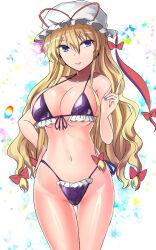 Rule 34 | 1girl, bikini, blonde hair, bow, breasts, cleavage, closed mouth, commentary request, hair bow, hat, hat ribbon, highres, large breasts, long hair, looking at viewer, low-tied long hair, mob cap, one-hour drawing challenge, purple bikini, purple eyes, red bow, red ribbon, ribbon, smile, solo, swimsuit, touhou, wavy hair, white background, white hat, y2, yakumo yukari