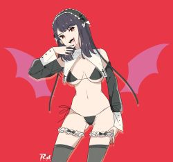 Rule 34 | + +, 1girl, artist name, bare shoulders, bikini, black bikini, black bow, black hair, black nails, black thighhighs, blood, blood from mouth, blood on face, bow, brown eyes, cross, detached sleeves, fake wings, fang, fingernails, frills, highres, looking at viewer, medium hair, nail polish, navel, open mouth, original, r3dfive, red background, signature, simple background, smile, solo, swimsuit, thighhighs, tongue, umbrella, vampire, wings