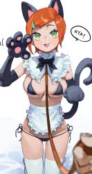 Rule 34 | 1girl, absurdres, animal ears, animal hands, animification, apron, bdsm, ben 10, bikini, black bikini, black bow, black bowtie, black gloves, bow, bowtie, breasts, breasts apart, cat ears, cat tail, collar, elbow gloves, fake animal ears, fake tail, fang, feet out of frame, frilled apron, frills, gloves, green eyes, gwen tennyson, hair ornament, hairclip, highres, large breasts, leash, looking at viewer, maid, micro bikini, nia (nia4294), orange hair, parted lips, paw gloves, pet play, shadow, short hair, side-tie bikini bottom, skindentation, slave, smile, solo focus, speech bubble, swimsuit, tail, thighhighs, white apron, white background, white thighhighs