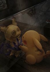 Rule 34 | animal focus, brown eyes, commentary, crack, cracked glass, creatures (company), crying, different reflection, dl 90 p, english commentary, game freak, gen 1 pokemon, gen 7 pokemon, hand on glass, highres, indoors, looking at mirror, mimikyu, mirror, nintendo, no humans, pikachu, poke ball, poke ball (basic), pokemon, pokemon (creature), reflection, tears, wooden floor