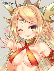 Rule 34 | 1girl, armband, bad id, bad pixiv id, bare shoulders, blonde hair, blush, bracelet, breasts, circlet, criss-cross halter, echidna (p&amp;d), green eyes, grey background, grin, halterneck, heart, horns, jewelry, lamia, long hair, mashiro miru, medium breasts, monster girl, one eye closed, pointy ears, puzzle &amp; dragons, smile, solo, twitter username, upper body, v, waving