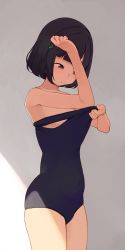 Rule 34 | 1girl, black hair, black one-piece swimsuit, blunt bangs, breasts, clip, closed mouth, hair ornament, hairclip, highres, hiroki (yyqw7151), looking down, one-piece swimsuit, original, school swimsuit, short hair, small breasts, solo, swimsuit, thighs