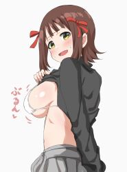 Rule 34 | 1girl, absurdres, amami haruka, black sweater, bra, breasts, brown hair, clothes lift, green eyes, hair ribbon, haruki (haruki678), highres, idolmaster, idolmaster (classic), large breasts, lifted by self, looking at viewer, looking back, open mouth, ribbon, short hair, simple background, smile, solo, sweater, sweater lift, turtleneck, turtleneck sweater, underwear, white background, white bra