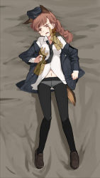 Rule 34 | 1girl, alexandra serbanescu, animal ears, black pantyhose, braid, brown eyes, brown hair, chikiso, crotch seam, groping, hat, jacket, long hair, lying, military, military uniform, necktie, open clothes, open jacket, panties, panties under pantyhose, pantyhose, scar, shoes, single braid, solo, strike witches, tail, underwear, uniform, white panties, wince, world witches series